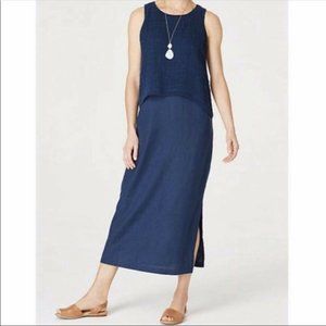 Pure Jill J. Jill 100% Linen Tiered Lagenlook Midi Pullover Blue Dress SP